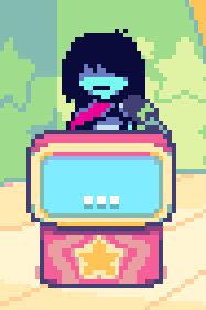A screenshot from the game-show portion of Deltarune chapter 3. Kris stands behind a podium that I have chosen to label "..."