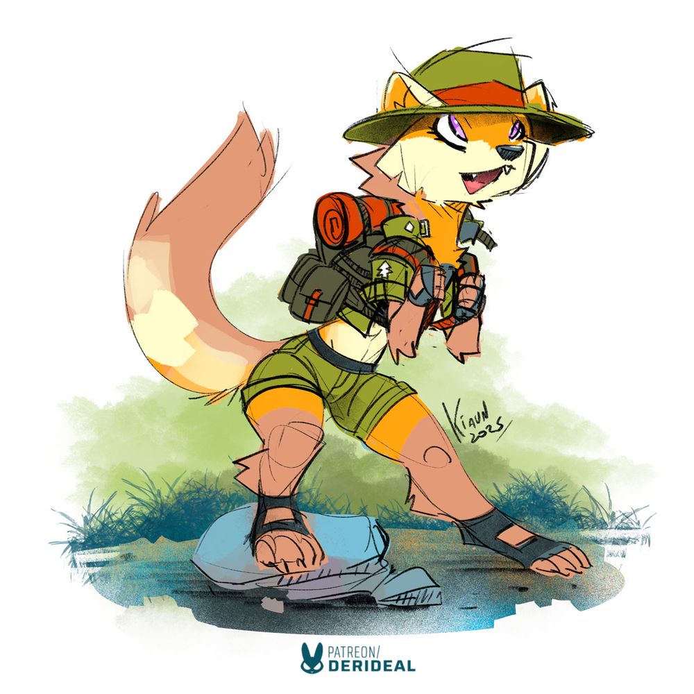Anthro Pinemartin girl wearing a green ranger vest and shorts smiling as she explores the wilderness.  Art by @kiaun.bsky.social