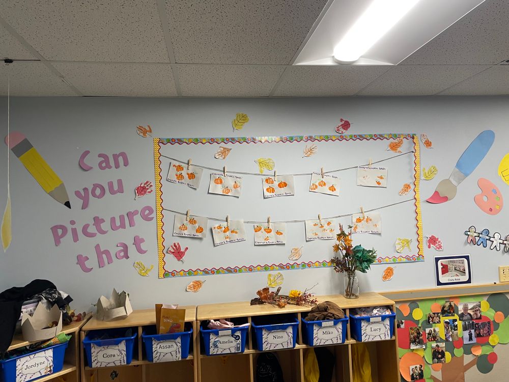 My preschool classroom art wall that looks super cute and fall-y with big letters that say “can you picture that” and a pencil and paintbrush I made out of paper 