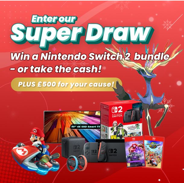 Promotional graphic for Union Lotto's super draw featuring a chance to win a Nintendo Switch bundle or cash, with images of Mario from Mario Kart, a smart TV, games, and other electronics, set against a vibrant red background with snowflake decorations.