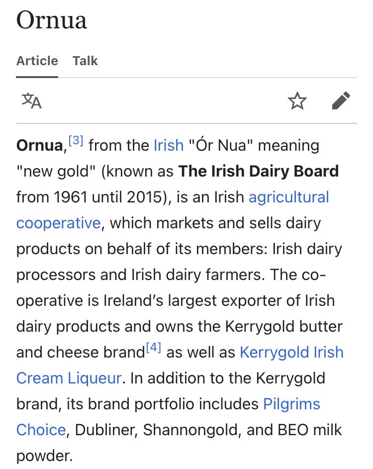 Wikipedia entry for the Oruna company. And Irish company that owns Kerrygold butter and is this responsible for the cinnamon sugar butter product being denounced as American. 