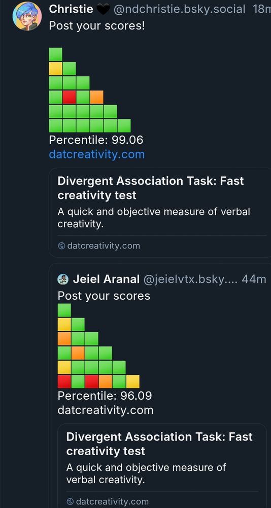A screenshot from bluesky, quoting my post showing my result for a creativity test at 96.09 percentile, and the posters own result at 99.06 percentile