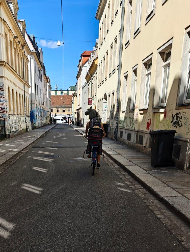 Ein Mensch mit Fahrrad und Rucksack, aus dem ein (Stecken) Pferd schaut. Auf dem Gepäckträger fährt noch ein Kind im Kindersitz mit.