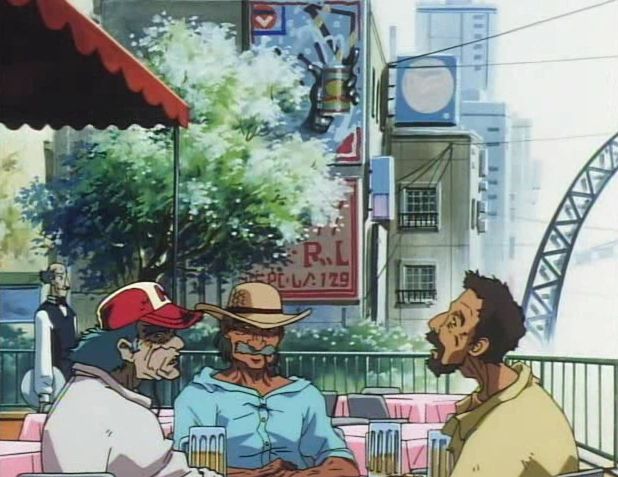still from cowboy bebop (1998) of three old men sitting around a cafe patio table somewhere in the future. they are talking about a bunch of bullshit that doesnt matter anymore, but used to be a big deal