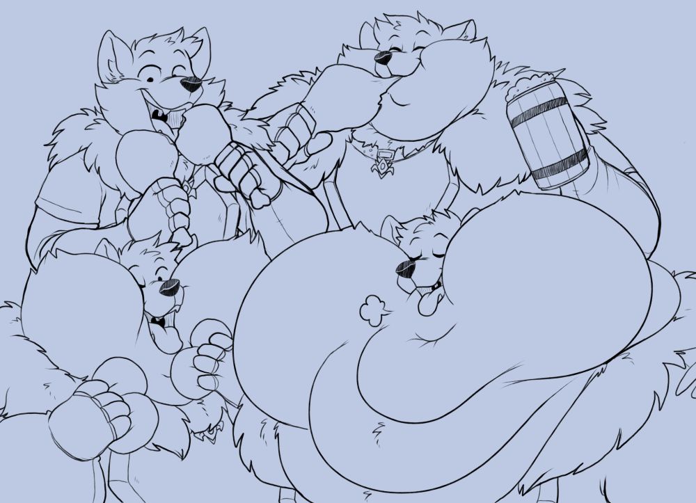 A montage of Tommen an anthropomorphic wolf, dressed in his battle armor is eagerly eating and progressively getting fatter with each sequence.

The first image (Top Left) he is holding two massive drumsticks, eagerly ready to take a bite, 

The second image (Top Right) is him fatter, his face rounding out and a large double chin forming, he is eagerly biting down on a drumstick in one hand and a tankard of ale in other.

The third image (Bottom Left) is him even fatter again, his cheeks close to the size of his head, he appears to be ready to eat a handful of dumplings.

The forth and final image (Bottom Right) Tommen is significantly fat, his cheeks significantly larger than his head and multiple 'double chins'  It appears that he has finished eating and letting out a content sigh.