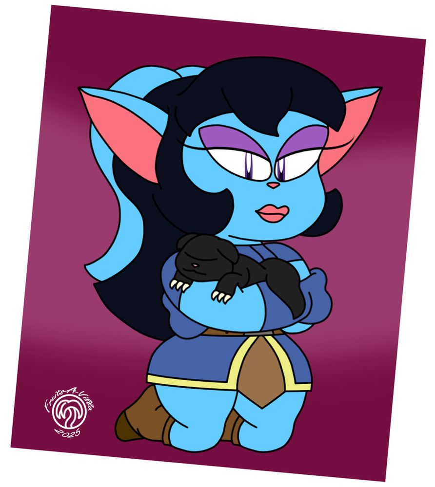 Roberta the Acara (from "Neopets: The Darkest Faerie") holding a little Meowclops in her arms.