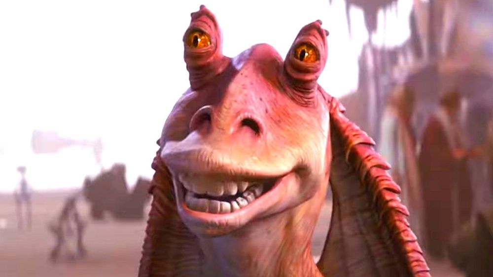 A portrait of Jar Jar Binks, an alien from one of the Star Wars prequels. The character was not well-received.