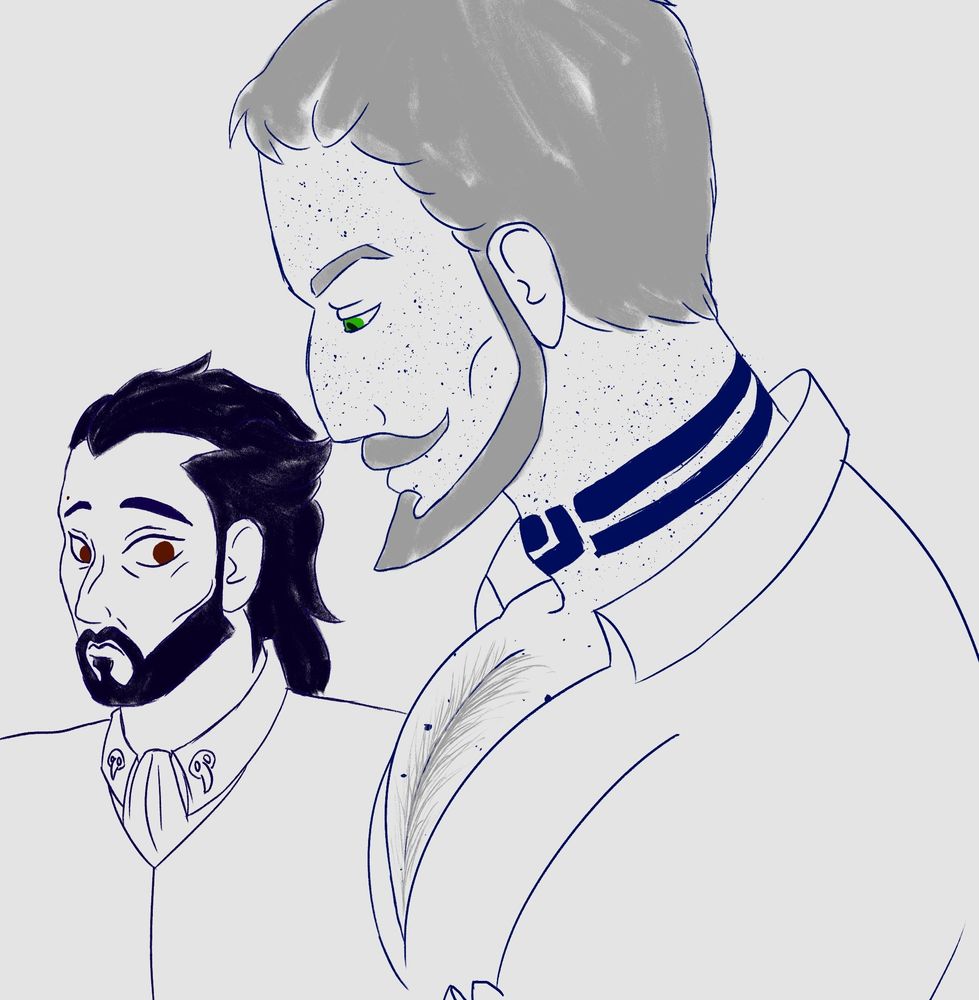 In the foreground is my Rook, with a comically exaggerated chest basically popping out of a mostly open button down, with Lucanis transfixed by the titty, in the flavor of that one meme of a girl staring at a guys huge rack.