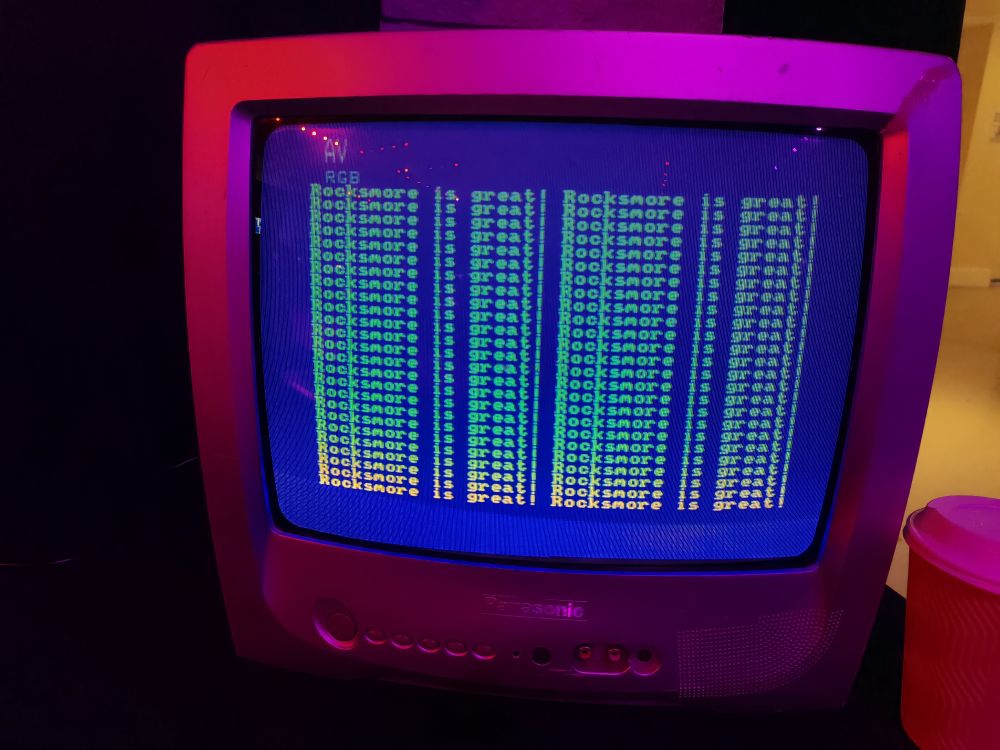 CRT showing text "Rocksmore is great!" multiple times.