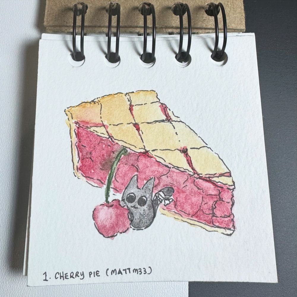 Watercolour painting of a slice of cherry pie with a tiny black cat hugging a cherry infront of the pie 