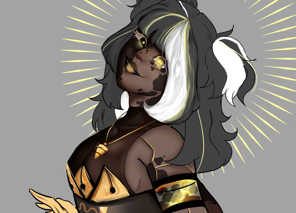 Sketch of my OC, GENESIS. Black hair with white bits and a few golden details. Dark skin with spots similar to vitiligo, however darker, like ink. 