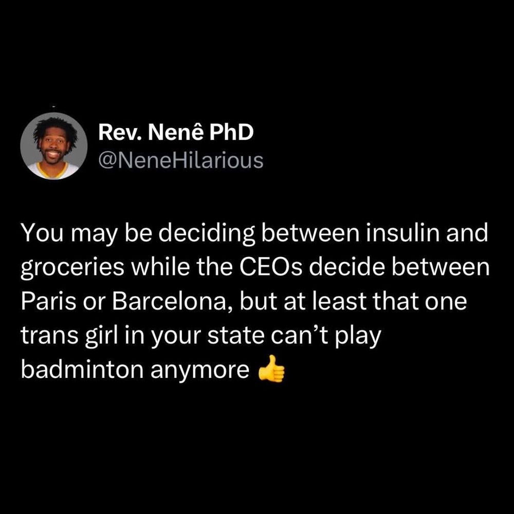 You may be deciding between insulin and groceries while CEO’s decide between Paris or Barcelona, but at least that once trans girl in your state can’t play badminton anymore.
