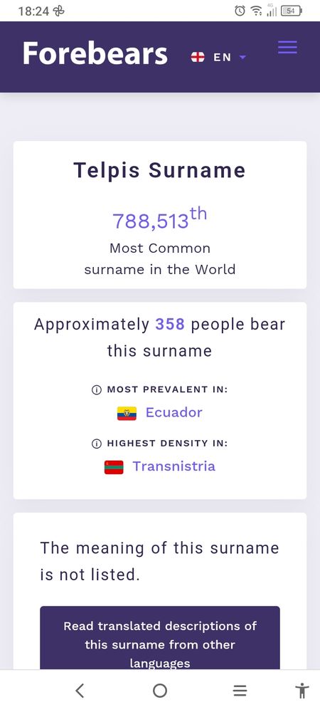 Image of screenshot showing that approx 358 people have the surname Telpis in Ecuador 