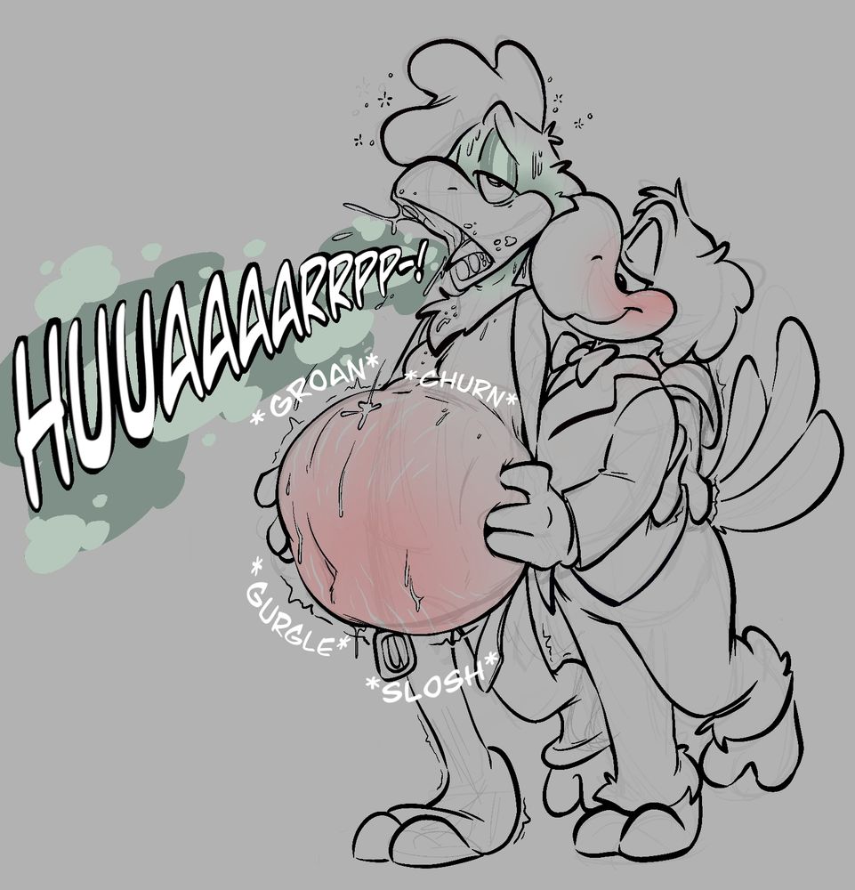 panchito pistoles belching loudly, with a painfully swollen belly full of food. josé is helping him walk