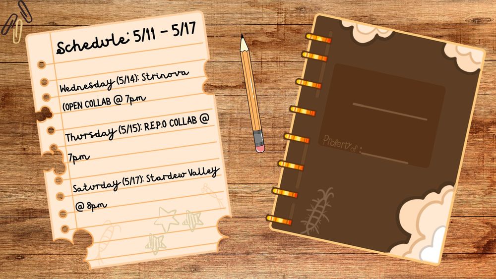 A Twitch streaming schedule that states Silvy is streaming Strinova @7pm on (5/14), REPO @7pm on (5/15), and Stardew Valley @8pm on (5/17)