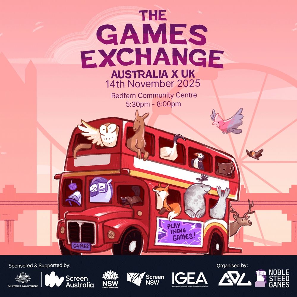 An illustration of a red London bus, filled with various animals from Australia and UK. In the background is the London Bridge and London Eye. The event's details are at the top, and sponsors and organiser logos are at the bottom. The events sponsors are Screen Australia, Screen NSW, and IGEA. The Organisers are GDL and Noble Steed Games.