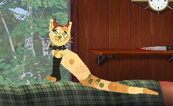 she opens her green eyes with white pupils and looks at the camera.