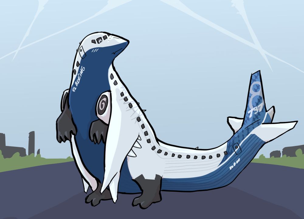 a Boeing 737 Max aeromorph in the shape of a penguin or a puffin with a very long plane tail. its wings are down and held close to its abdomen.  the sky is striped with contrails.