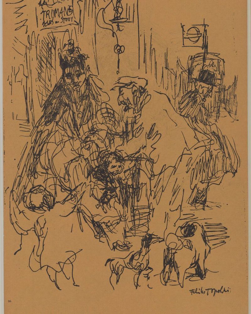a sketch of people on a corner store. there are two dogs and a sign that says truman's store