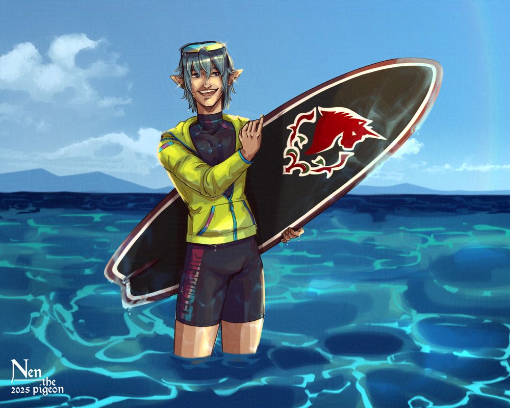Drawing of FFXIV Haurchefant wearing new 2025 Moonfire Faire, he's standing in the water and is holding a surfboard with house Fortemps emblem on it under his arm