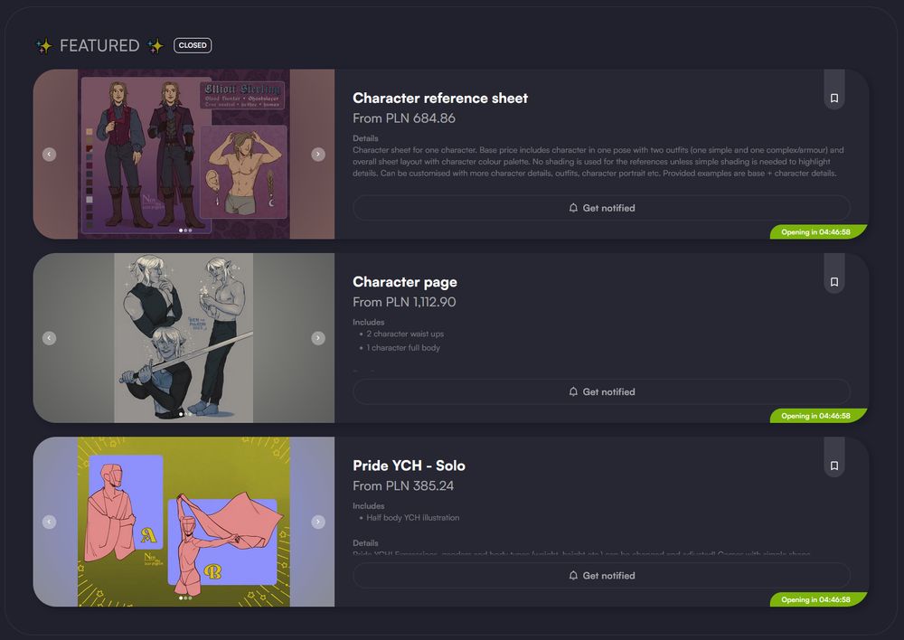 screenshot from VGen page with featured commission services:
- character reference sheet
- character page
- Pride YCH - solo