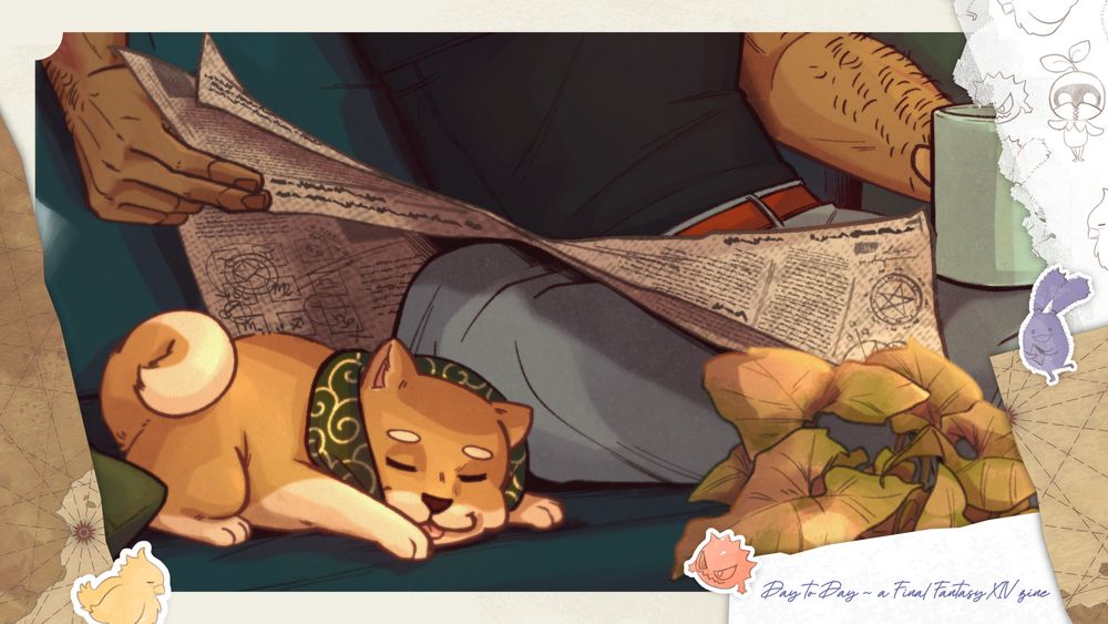 Snippet from a full artwork: Mameshiba minion taking a nap on the couch, there is certain character of mine sitting behind it with newspaper spread out on his lap.