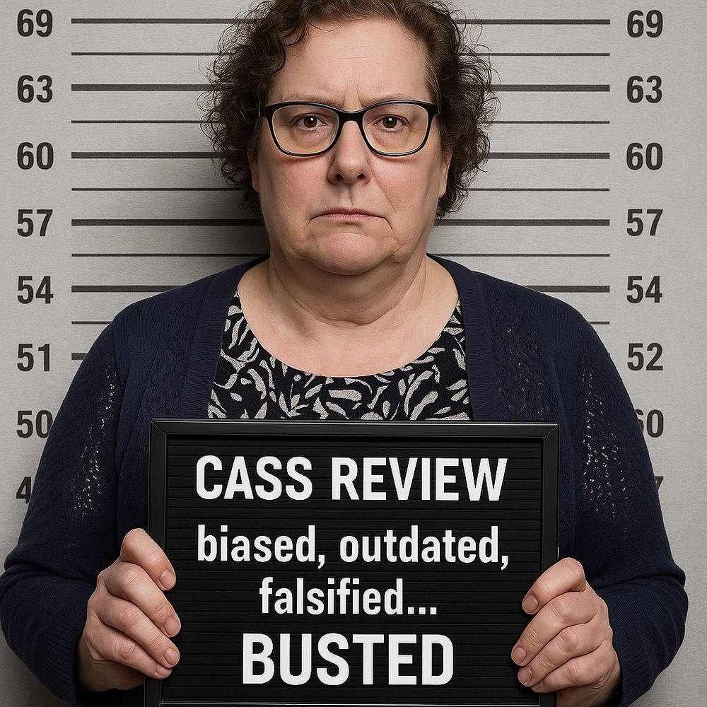 An AI generated mugshot of Hilary Cass holding a plaque saying “Cass Review biased, outdated, falsified… busted”
