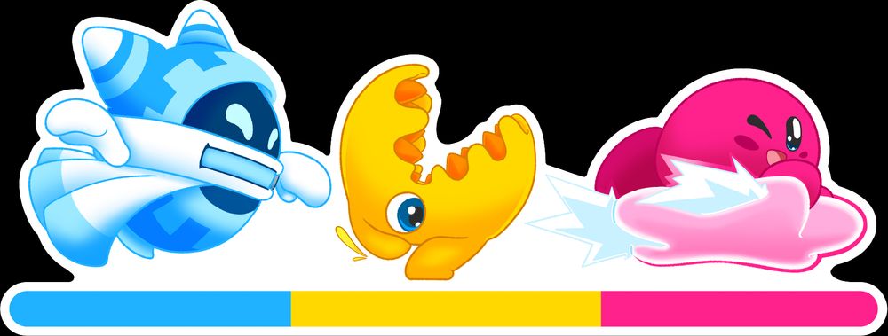 A Pansexual flag represented by Kirby characters. Magenta is represented by Kirby riding the Flight Warp star, a pink star vehicle form Kirby Air Ride. Yellow is represented by a large toothy mouth with a single eye underneath, called Pacto, and blue is represented by a magician-like trickster character called Magolor.