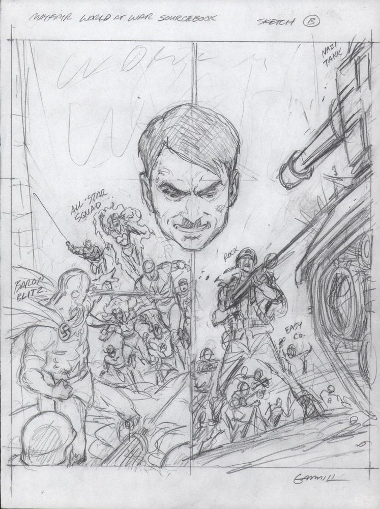 Rough pencils for an alternative cover, featuring seven a split cover - one half shows Sgt Rock and Easy Company battling a German tank; the other has seven members of the All-Star Squadron (Johnny Quick, Liberty Belle, Robotman, Commander Steel, Firebrand, Amazing Man and Tarantula) rushing Baron Blitzkreig. A floating head of Hitler spans the two sides of the cover.
