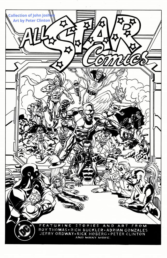 Mock Comic cover - Mr Terrific briefs JSA members Damage, Cyclone, the third Amazing-Man, Mr America and Judomaster about the wartime All-Star Squadron, members of which (Liberty Belle, Sandman, Starman, Johnny Quick, the Spectre, Green Lantern, Robotman, Hawkgirl, Amazing-Man and Tarantula) can be seen in the background