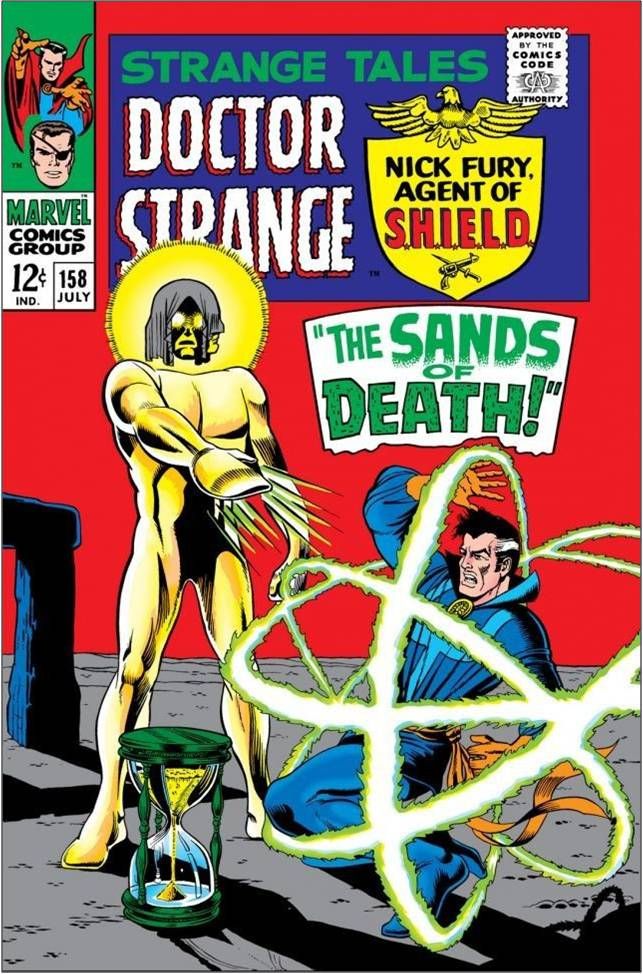 The cover to Strange Tales #158 shows Doctor Strange trapped in rings of magical force by the Living Tribunal, with a megalith from Stonehenge in the background and sands running through an hourglass in the foreground. A title reads "The Sands Of Death!".