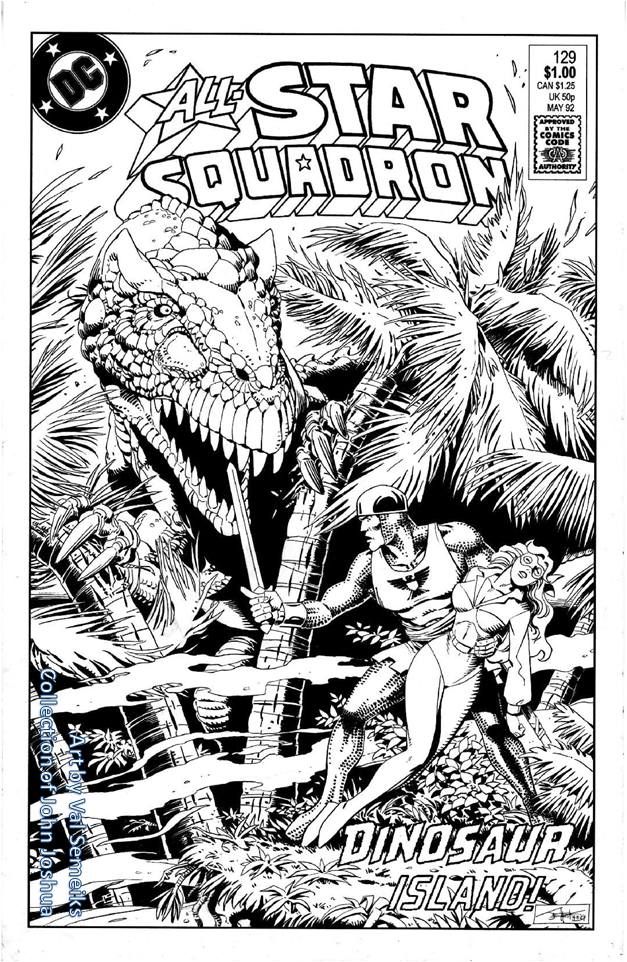 Comic cover showing a dinosaur attacking the Shining Knight, who is holding an unconscious Firebrand whilst fighting off the dinosaur with his sword.