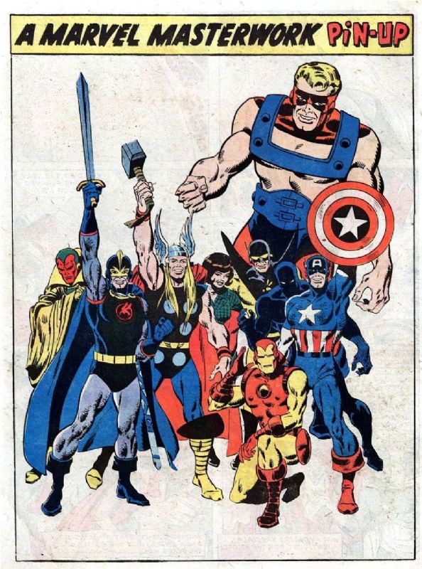 Pin-up of the Avengers, featuring the Vision, Black Knight, Thor, Wasp, Yellowjacket, Iron Man, Goliath, Black Panther and Captain America.