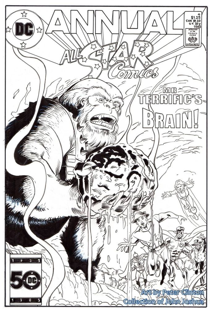 Comic cover featuring the ape-like Ultra-Humanite holding a disembodied brain, while the Jay Garrick Flash, Earth 2 Robin, Sandman, Atom and Power Girl run in to fight him.