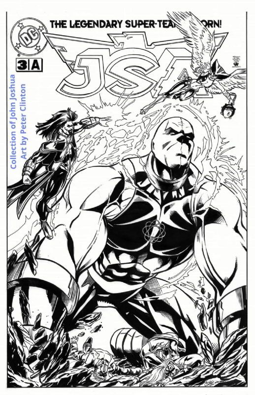 A comic cover depicting Mordru battling a giant-size Atom Smasher and a flying Hawkgirl, while Sand and the Star-Spangled Kid are unconscious and the andriod Hourman recovers.
