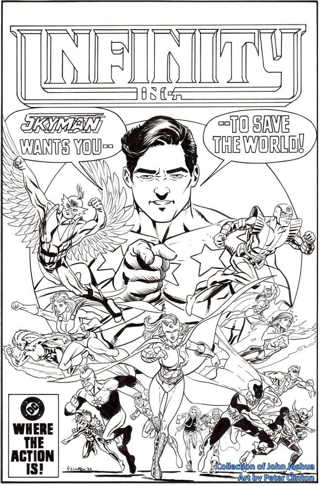 Mock comic cover: Skyman points at the viewer, while Silver Scarab, Huntress, Jade, Hourman, Mr Bones, Dr Midnight, Obsidian, Sandman, Jonni Thunder, Fury, Brainwave, Nuklon, Wildcat, Jonni Thunder's Thunderbolt form, Power GIrl and Northwind run forward.