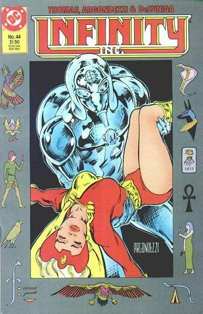 Cover of Infinty Inc #44 - the Silver Scarab carries the unconscious body of Fury, with Egyptian heiroglyphics surrounding the central image.