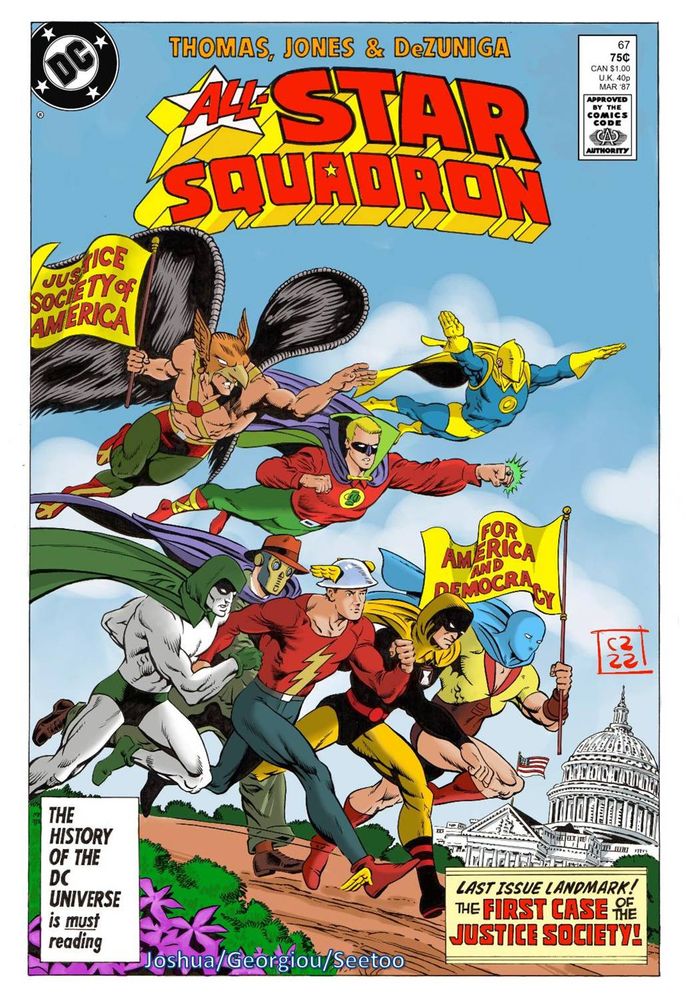 Mock comic cover - Hawkman, Green Lantern and Doctor Fate fly above the Spectre, Sandamn, Flash, Hourman and the Atom (who is carrying a banner marked "For America And Democracy".