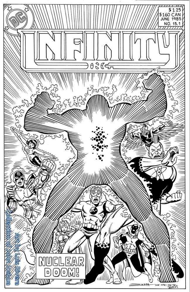 Mock comic cover - Jade, the Silver Scarab, Fury, Brainwave, Obsidian, Nuklon and Northwind face a glowing figure (the Atoman, from the Superman radio series of the 1940s).