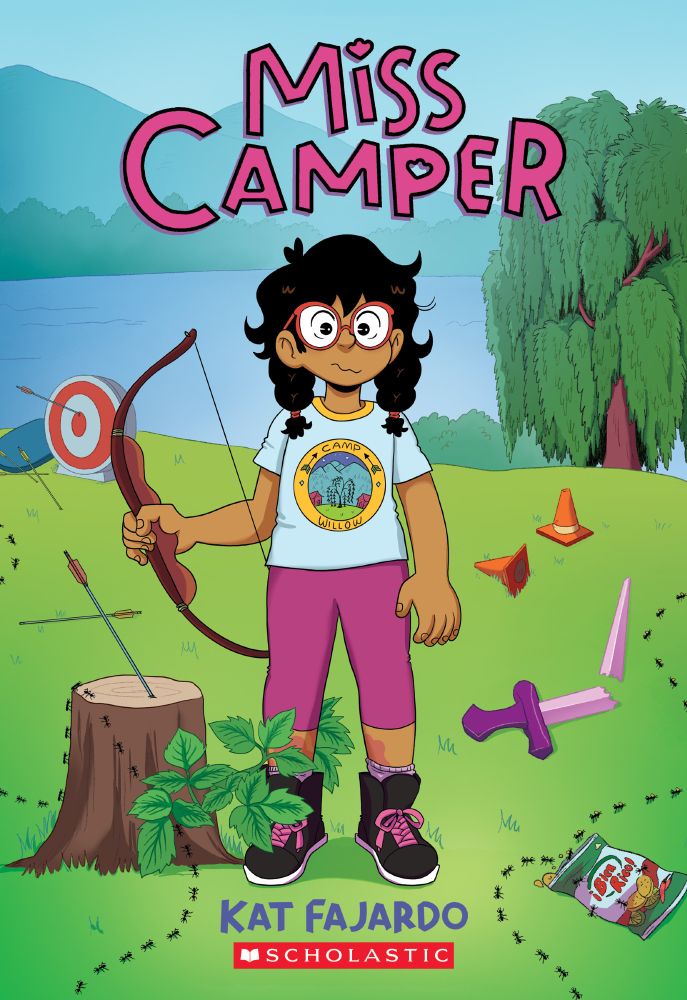 An illustration of a young girl standing in a field, holding a bow next to poison ivy, surrounded by ants, a broken wooden sword, an open bag of chips, scattered safety cones, and arrows.