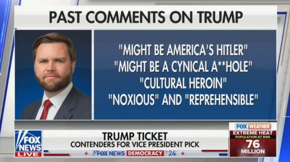  Fox News graphic featuring J.D. Vance and a list of past comments made about Donald Trump. The graphic is titled 