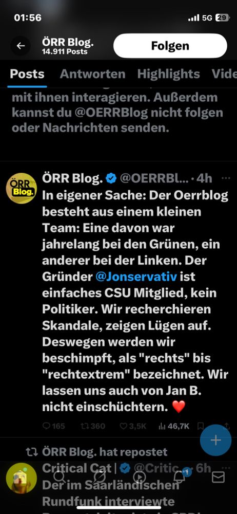 ÖRR Blog.
@OERRBl... •4h
In eigener Sache: Der Oerrblog besteht aus einem kleinen Team: Eine davon war jahrelang bei den Grünen, ein anderer bei der Linken. Der Gründer @Jonservativ ist einfaches CSU Mitglied, kein Politiker. Wir recherchieren Skandale, zeigen Lügen auf.
Deswegen werden wir beschimpft, als "rechts" bis
"rechtextrem" bezeichnet. Wir lassen uns auch von Jan B. nicht einschüchtern.