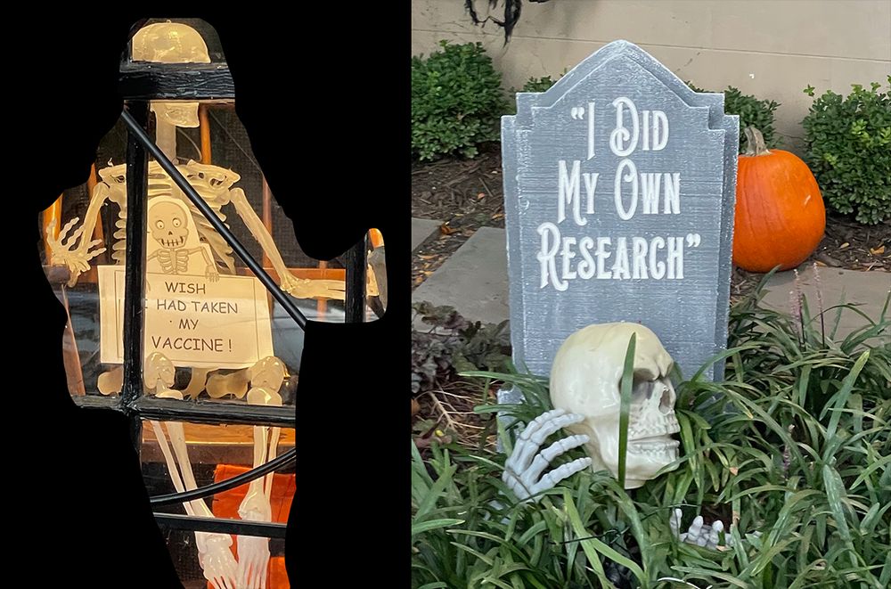 Skeleton saying "I wish I had my vaccine" and second saying "I did my own research"