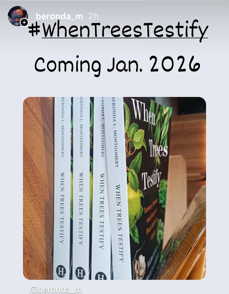 Image of stack of four copies of the book "When Trees Testify" by Beronda Montgomery with text above that reads "#WhenTreesTestify Coming Jan. 2026'"