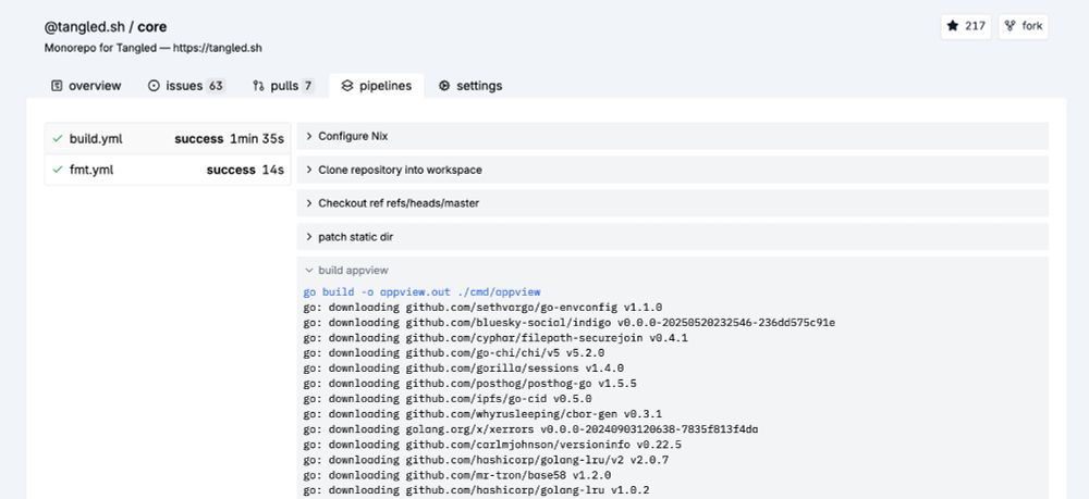 pipelines page on the @tangled.sh/core repository with some logging