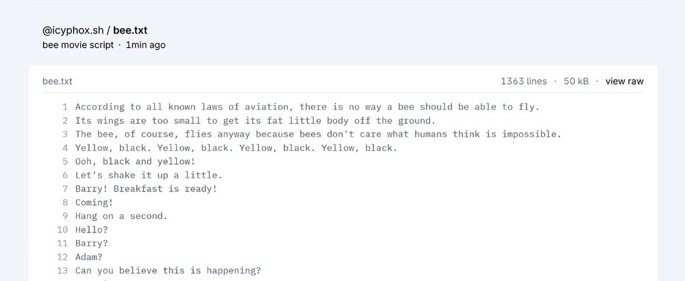 screenshot of the the bee movie script uploaded to tangled.sh/strings by icyphox.sh