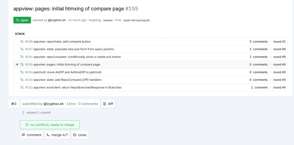 a pull-request on tangled with a gerrit-like "relation-chain" attachment, displaying the entire stack of changes