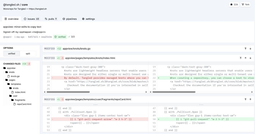 the commit view on tangled showing off the new split diff. on the left are the diff options and the file tree, on the right is the split diff view.