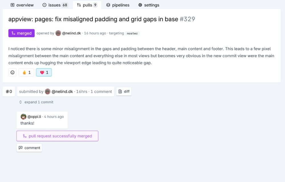 screenshot of tangled.sh showing a pull request by @nelind.dk. the highlight are the reactions on the pull request. there is a thumbs up reaction and a heart reaction.