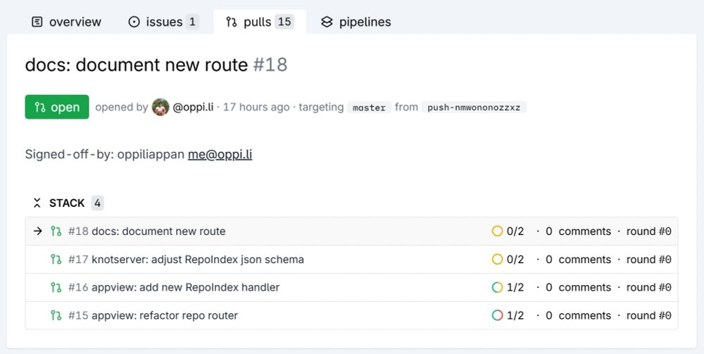 a screenshot of a stacked pull-request on tangled.sh. the "stack" attachment contains the CI job status of all 4 pull requests in the stack. 